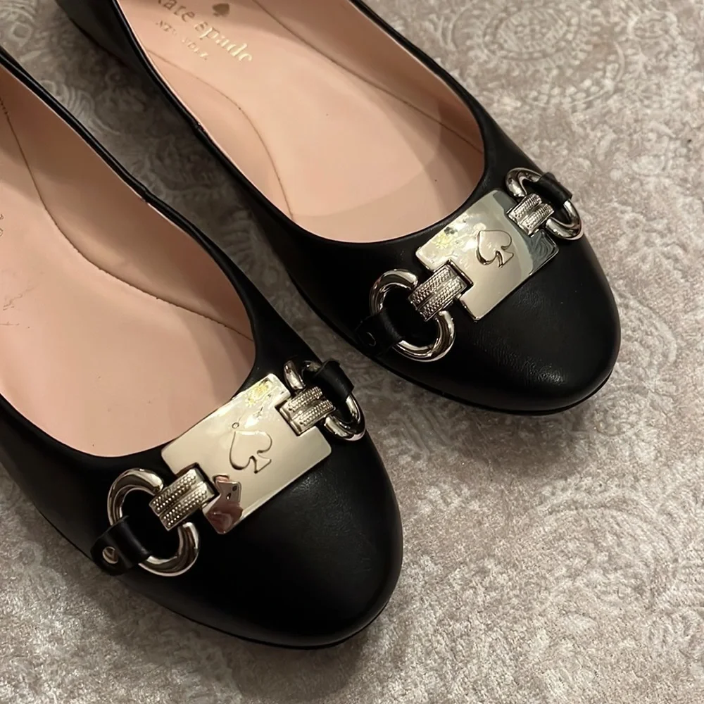 Brand New Kate Spade Genuine Leather Black Flats Slip On Shoes Silver Tone Logo